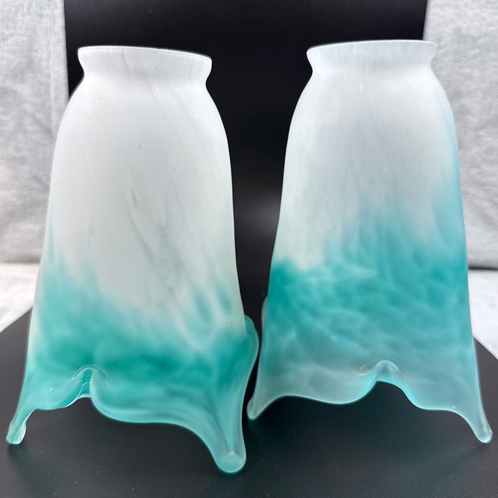 2 Frosted Glass Lamp Shades Turquoise Teal/Cyan White Ombre Handkerchief Ruffled